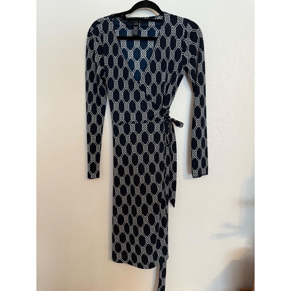 Jones New York Signature Petite Navy Blue White Print Long Sleeve Wrap Dress‎